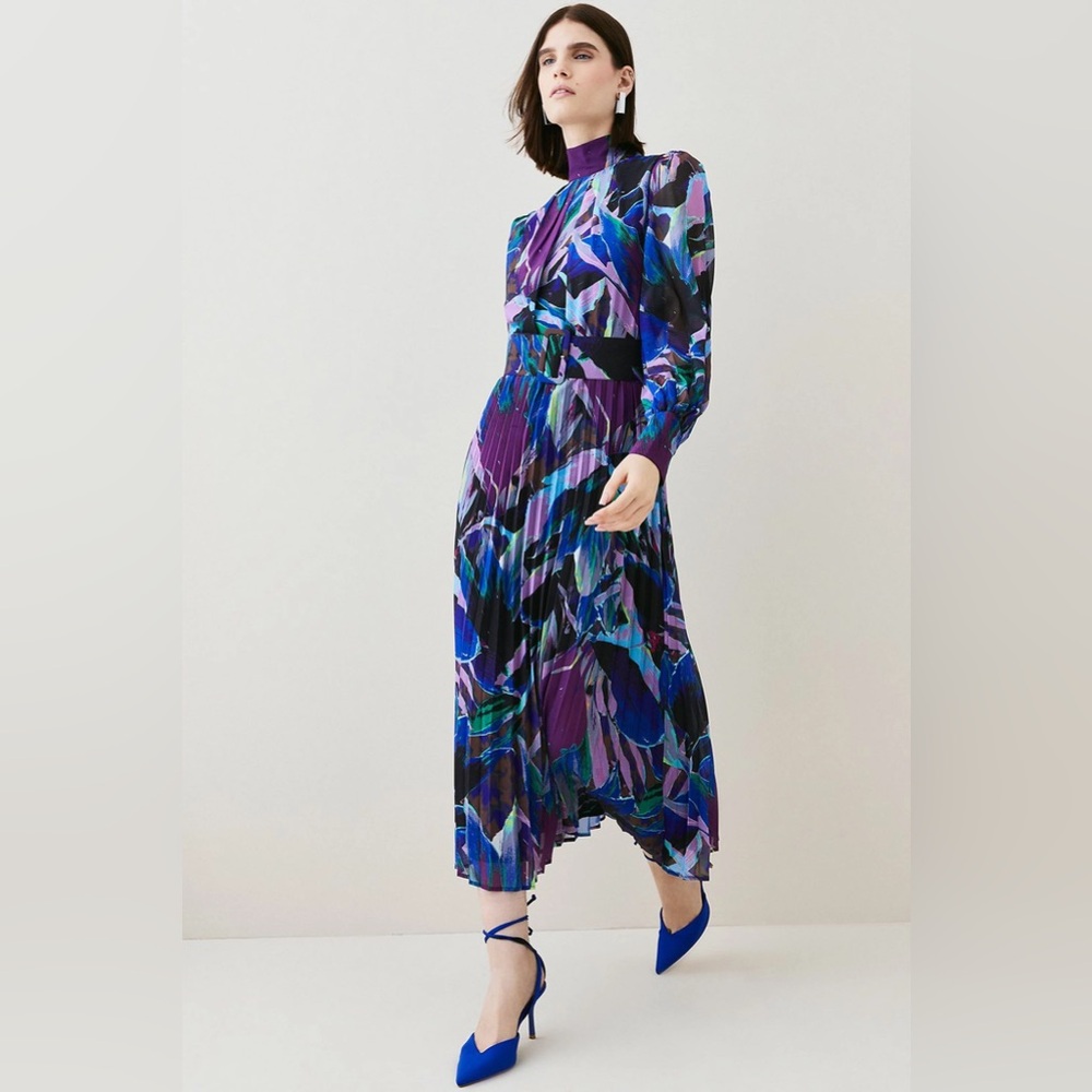 Karen Millen Abstract Floral Belted Pleated Woven Midi Dress - ONLY WORN ONCE!!!